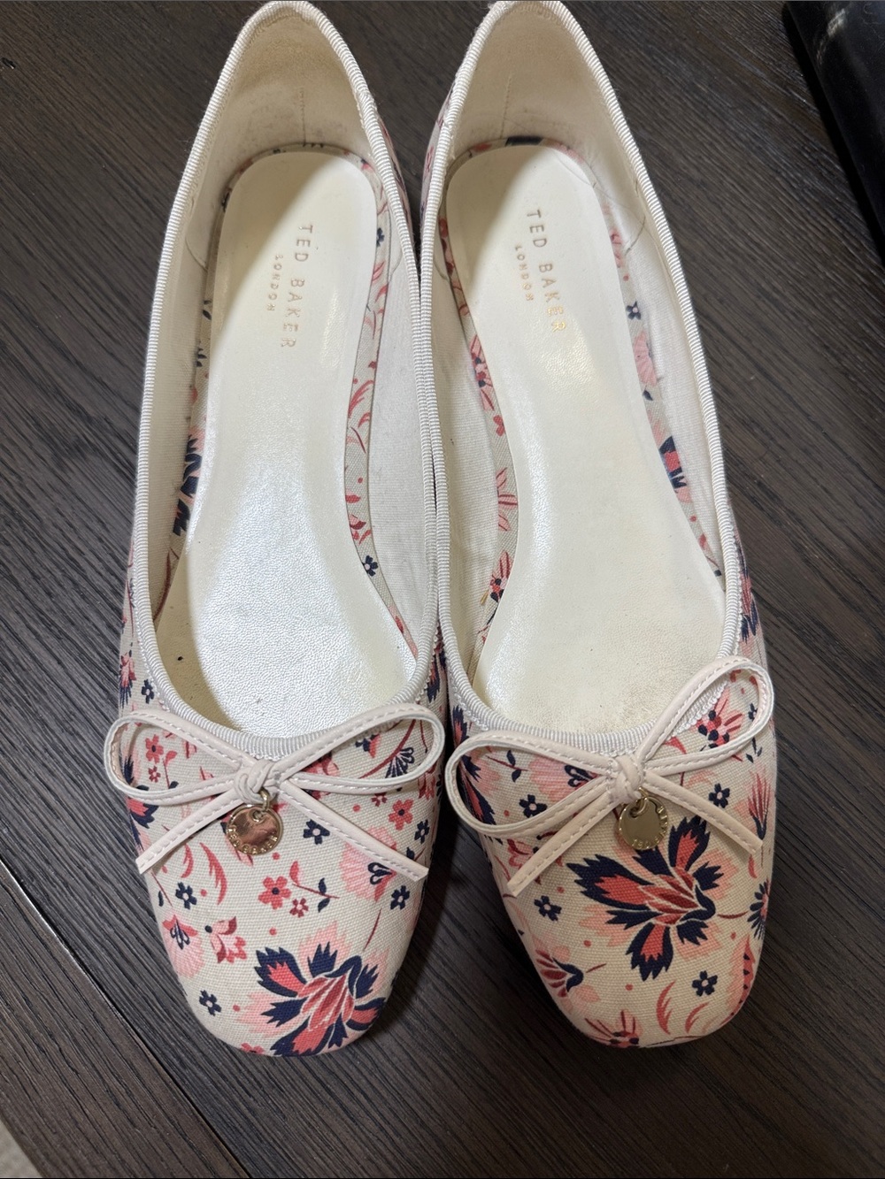 Ted Baker Cream and Pink Floral Ballet Flats with Bow